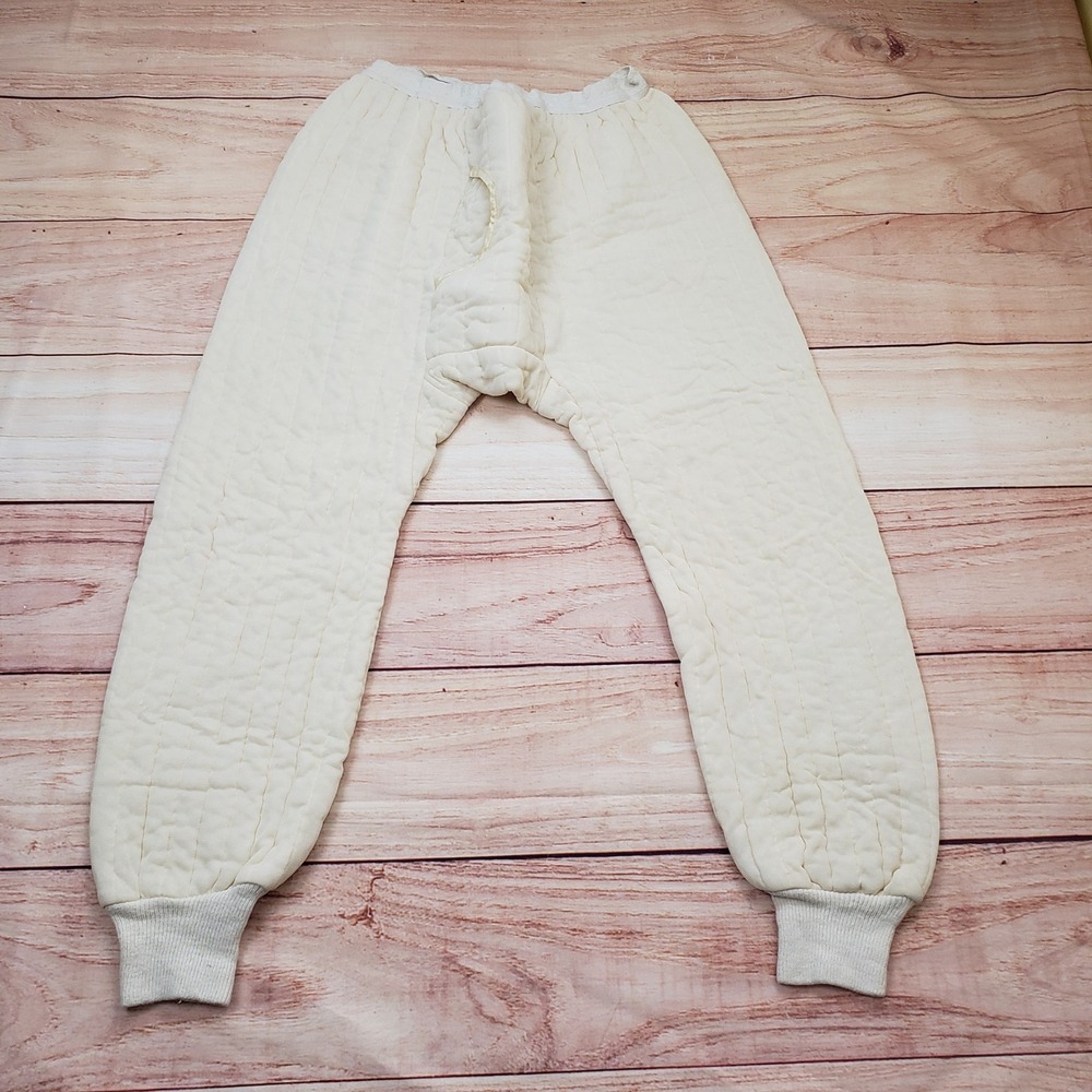 Vintage Mens Quilted Thermal Long Johns Cream Insulated Base Layer Large 31463